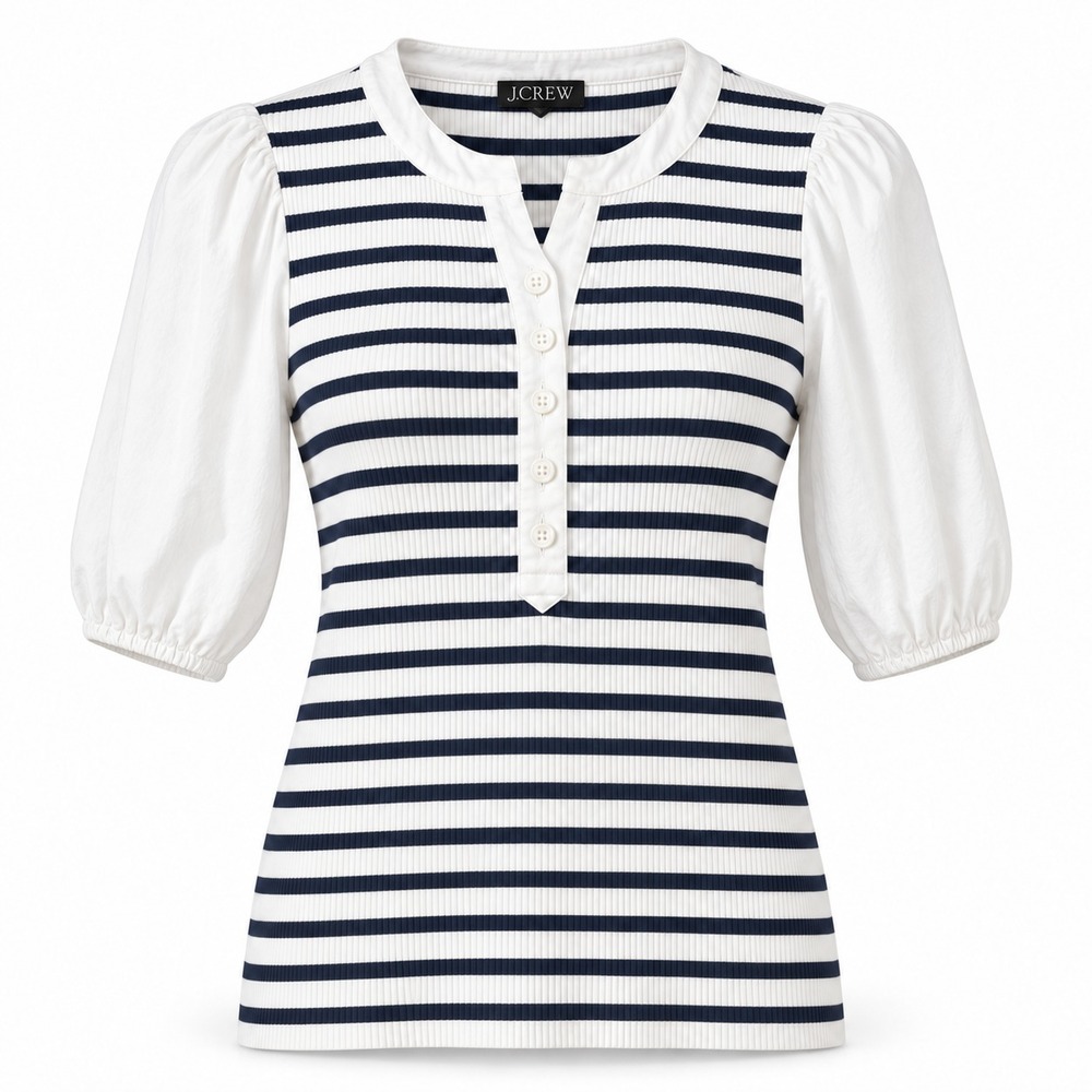 J. CREW Sz M Ribbed Puff-Sleeve Henley Navy/White Striped Top Nautical Stretch
